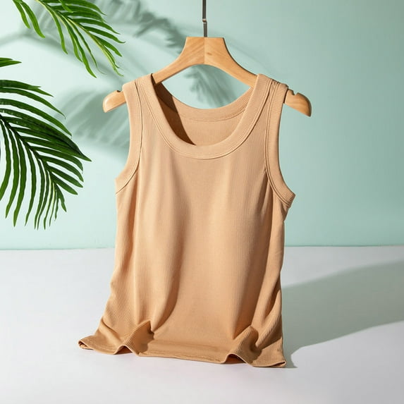 CLOISE Tank Top with Chest Pads,Womens Tops,Women Solid Without Steel Ring Bra Cups One Sports Camisole Khaki 2XL