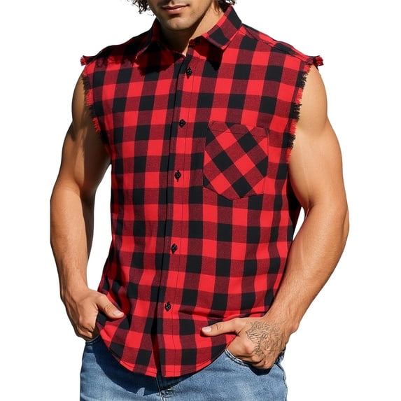 CLOISE Tank Tops for Men Big and Tall Sleeveless Shirts with Pockets Button Collared Casual Pullover Plaid Summer Blouses Red