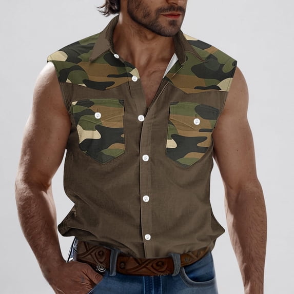 CLOISE Tank Tops for Men Big and Tall Sleeveless Shirts with Pockets Collared Casual Pullover Color Block Summer Blouses Brown