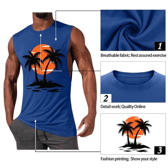 CLOISE Tank Tops for Men Hawaiian Sleeveless Big and Tall Shirts Crewneck Workout Pullover Palm Frond Beach Wear Blue