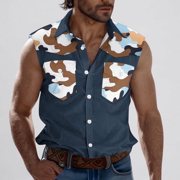 CLOISE Tank Tops for Men Sleeveless Big and Tall Shirts with Pockets Collared Casual Pullover Color Block Summer Blouses Navy