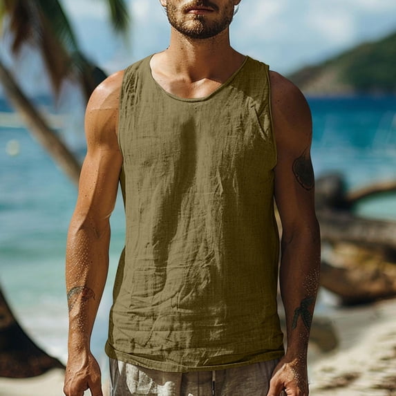 CLOISE Tank Tops for Men Sleeveless Big and Tall Shirts with Pockets Crewneck Workout Pullover Solid Color Summer Blouses Army Green