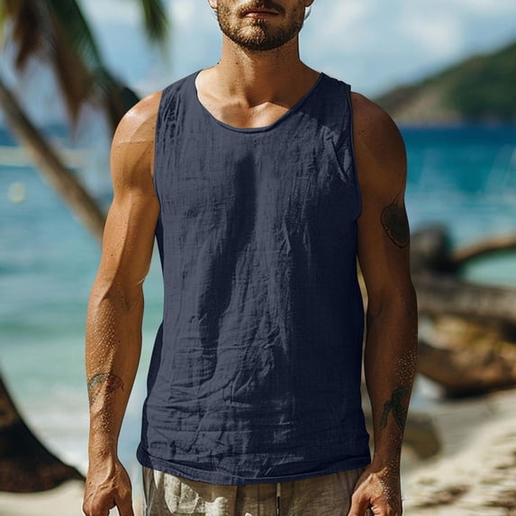 CLOISE Tank Tops for Men Sleeveless Big and Tall Shirts with Pockets Crewneck Workout Pullover Solid Color Summer Blouses Navy