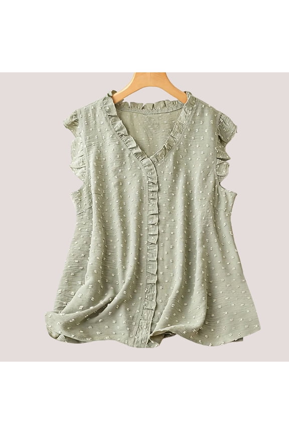 Tank Tops for Women Green Summer V Neck Loose Casual T Shirts Fashion Sleeveless Solid Ruffles Comfy Blouse M