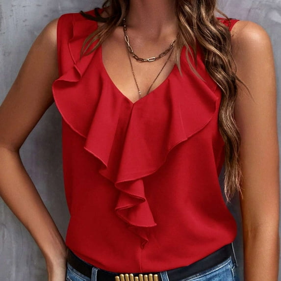 CLOISE Tank Tops for Women Red Summer V Neck Loose Casual T Shirts Fashion Sleeveless Solid Ruffles Comfy Blouse XL
