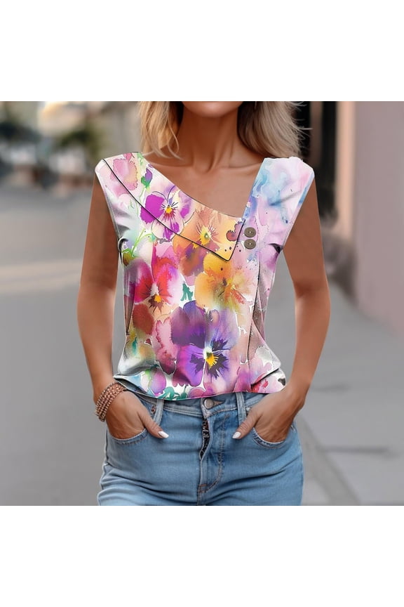 Tank Tops for Women Summer V Neck Comfy Casual T Shirts Fashion Sleeveless Floral Print Buttons Soft Blouse M