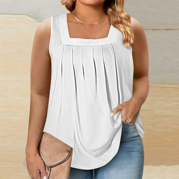 CLOISE Tank Tops for Women White Summer Square Neckline Loose Casual T Shirts Fashion Comfy Sleeveless Solid Fold Pleated Breathable Soft Blouse 6XL