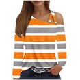 thumbnail image 1 of CLOISE Tees for Women Fall Fashion Striped Blouses V Neck Long Sleeve Cold Shoulder Tees Comfy Color Block Hollow Asymmetrical Tops Y2k Outfits Orange XL, 1 of 4