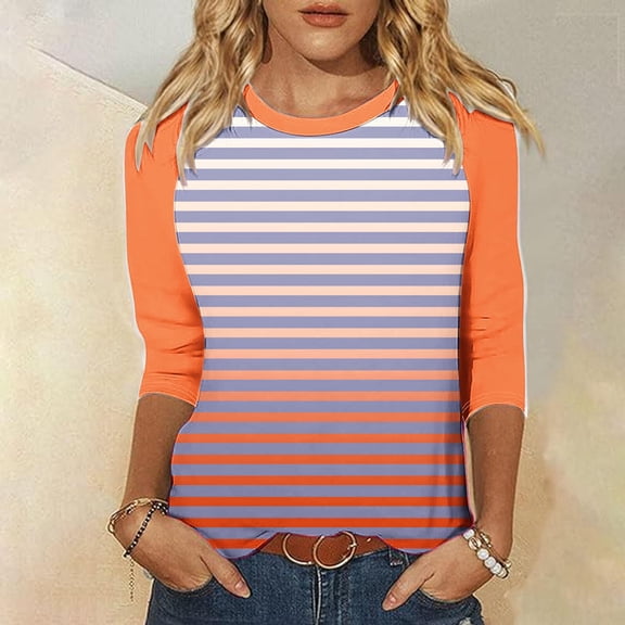 CLOISE Tees for Women Fall Cute Striped Blouses Crew Neck 3/4 Sleeve Tees Tunic Color Block Basic Tops Elegant Clothes Red M