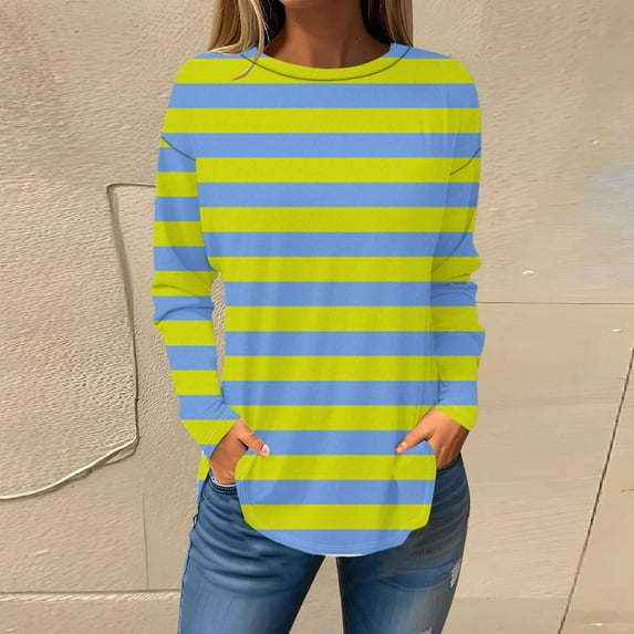 CLOISE Tees for Women Fall Cute Striped Blouses Crew Neck Long Sleeve Tees Tunic Side Split Colorblock Tops Elegant Clothes Green M