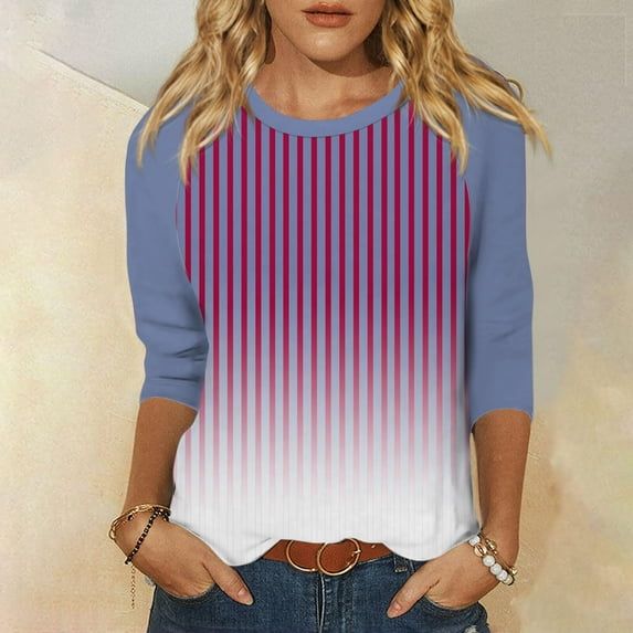 CLOISE Tees for Women Fall Cute Striped Blouses Crewneck 3/4 Sleeve Tees Tunic Colorblock Basic Tops Elegant Clothes Purple 2XL