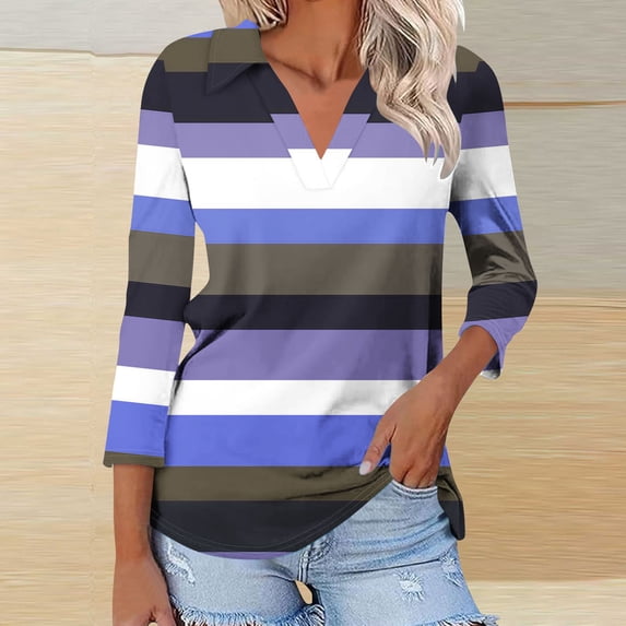 CLOISE Tees for Women Fall Cute Striped Blouses Lapel V Neck 3/4 Sleeve Tees Tunic Colorblock Basic Tops Elegant Clothes Blue M