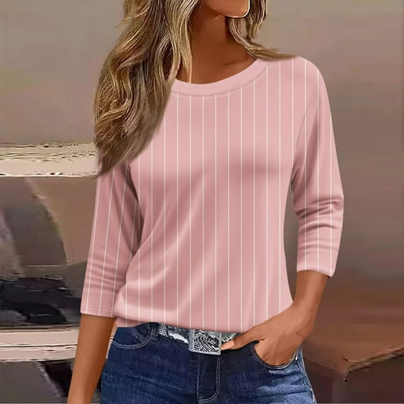 CLOISE Tees for Women Fall Cute Striped Blouses Round Neck 3/4 Sleeve Tees Tunic Basic Tops Elegant Clothes Pink XL