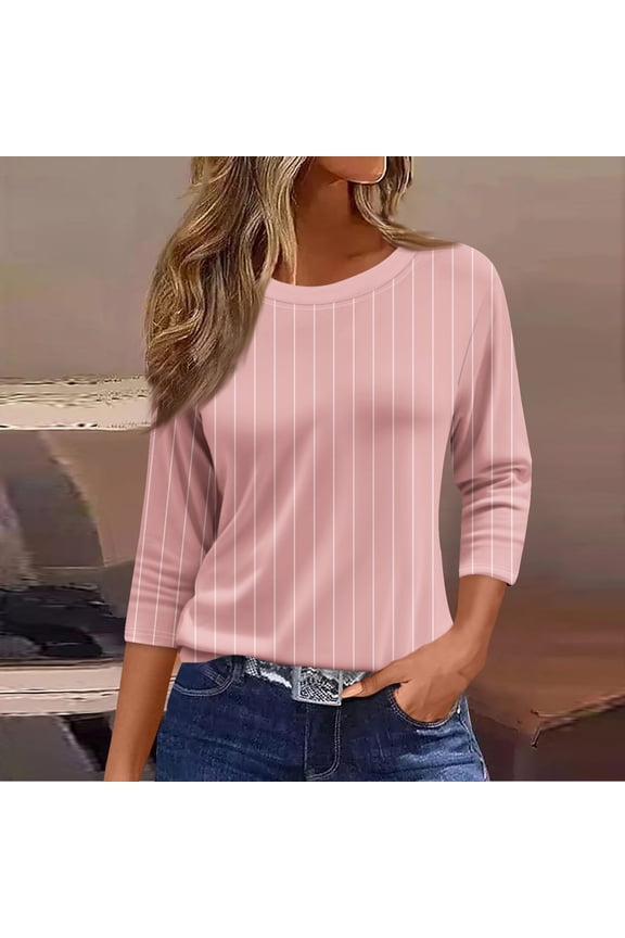 Tees for Women Fall Cute Striped Blouses Round Neck 3/4 Sleeve Tees Tunic Basic Tops Elegant Clothes Pink XL