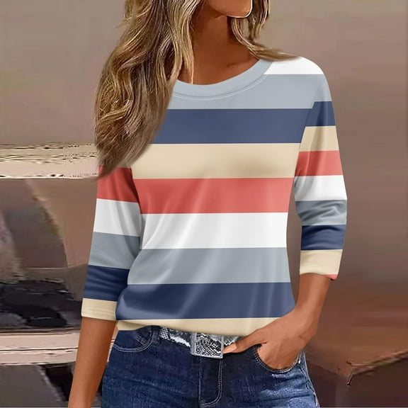 CLOISE Tees for Women Fall Cute Striped Blouses Round Neck 3/4 Sleeve Tees Tunic Color Block Basic Tops Elegant Clothes Orange XL