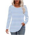 thumbnail image 1 of CLOISE Tees for Women Fall Cute Striped Blouses Scoop Neck Long Sleeve Tees Tunic Pleated Color Block Basic Tops Elegant Clothes Light Blue M, 1 of 6
