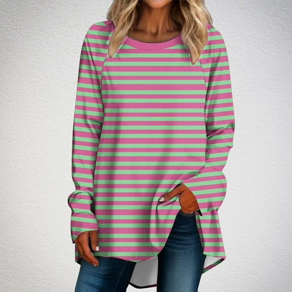 CLOISE Tees for Women Fall Fashion Striped Blouses Crew Neck Long Sleeve Raglan Tees Comfy Color Block Tops Y2k Outfits Pink L