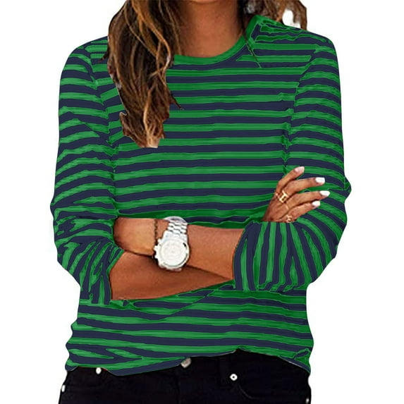 CLOISE Tees for Women Fall Fashion Striped Blouses Crew Neck Long Sleeve Tees Comfy Color Block Basic Tops Y2k Outfits Green S