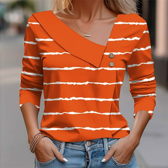 CLOISE Tees for Women Fall Trendy Striped Blouses Button V Neck Long Sleeve Tees Loose Asymmetrical Colorblock Tops Y2k Outfits Orange XL