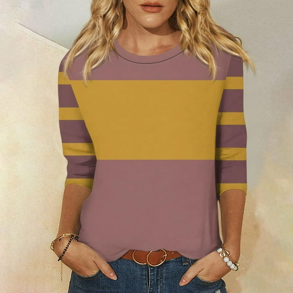 CLOISE Tees for Women Fall Trendy Striped Blouses Crewneck 3/4 Sleeve Tees Loose Colorblock Basic Tops Y2k Outfits Pink S