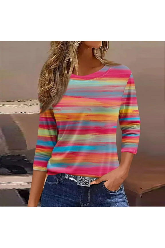 Tees for Women Fall Trendy Striped Blouses Round Neck 3/4 Sleeve Tees Loose Color Block Basic Tops Y2k Outfits Hot Pink XL
