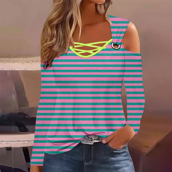 CLOISE Tees for Women Fall Trendy Striped Blouses Round Neck Long Sleeve Cold Shoulder Tees Loose Hollow Color Block Tops Y2k Outfits Navy XL