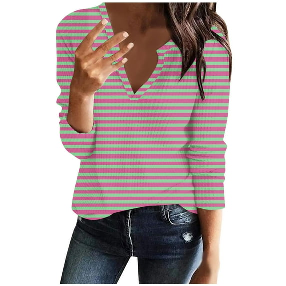 CLOISE Tees for Women Fall Trendy Striped Blouses V-Neck Long Sleeve Tees Loose Color Block Basic Tops Y2k Outfits Hot Pink 2XL