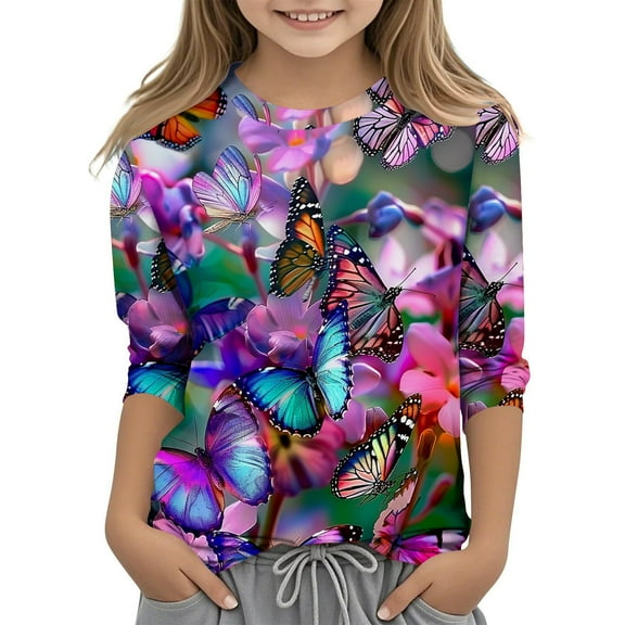 CLOISE Toddler Shirts for Boys 3/4 Sleeve Girls Teen Crew Neck Tops Butterfly Outfits Fall Winter Clothes Multicolor 150