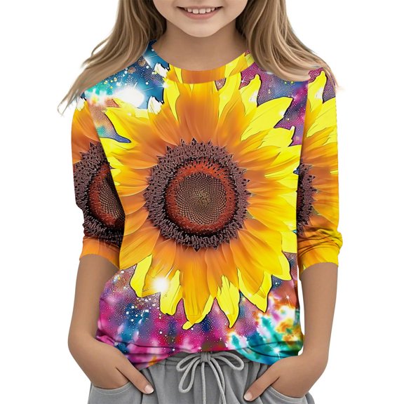 CLOISE Toddler Shirts for Girls 3/4 Sleeve Boys Teen Crew Neck Tops Floral Outfits Fall Winter Clothes Multicolor 140