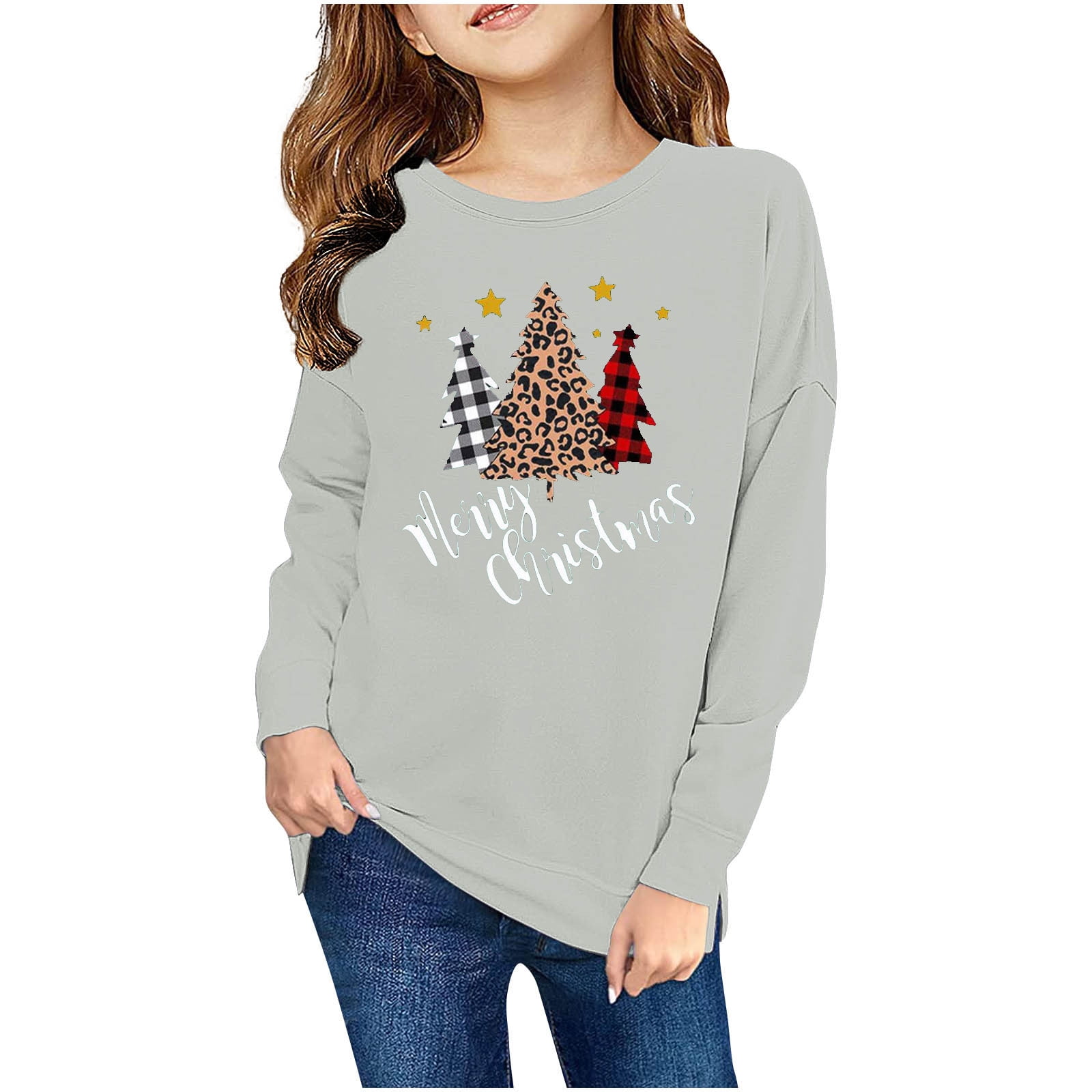 CLOISE Toddler Sweatshirt Boys Girls Christmas Gray Long Sleeve Crew Neck Tops Christmas Tree ...