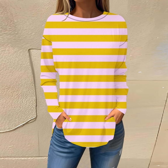 CLOISE Tops for Women Plus Size Fall Trendy Striped Tops Round Neck Long Sleeve Shirts Loose Side Split Colorblock Blouses Y2k Outfits Yellow 4XL