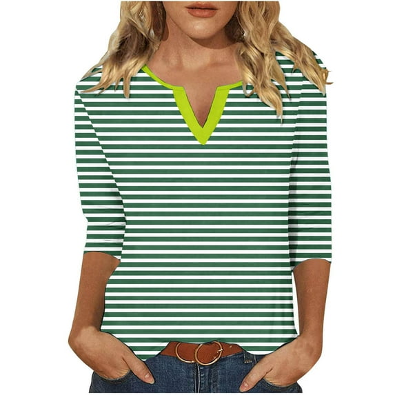 CLOISE Tops for Women 2024 Fall Cute Striped Tops V-Neck 3/4 Sleeve Shirts Tunic Color Block Basic Blouses Elegant Clothes Green 2XL