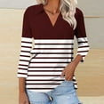 thumbnail image 1 of CLOISE Tops for Women Fall Fashion Striped Tops Lapel V Neck 3/4 Sleeve Shirts Comfy Colorblock Basic Blouses Y2k Outfits Wine XL, 1 of 5