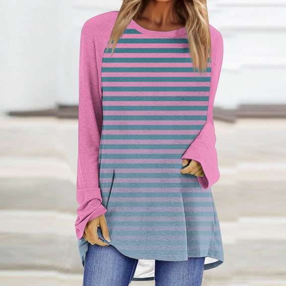 CLOISE Tops for Women Fall Fashion Striped Tops Round Neck Long Sleeve Raglan Shirts Comfy Color Block Blouses Y2k Outfits Pink L