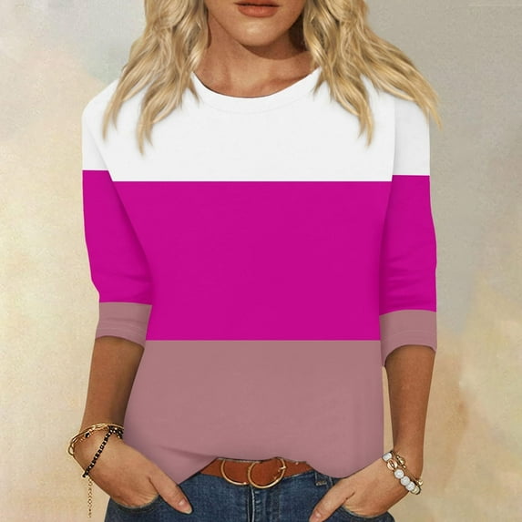 CLOISE Tops for Women Fall Fashion Striped Tops Scoop Neck 3/4 Sleeve Shirts Comfy Colorblock Basic Blouses Y2k Outfits Hot Pink 2XL