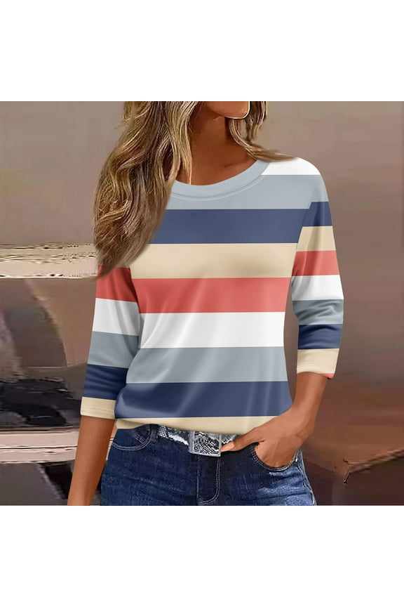 Tops for Women Fall Trendy Striped Tops Crew Neck 3/4 Sleeve Shirts Loose Color Block Basic Blouses Y2k Outfits Orange M