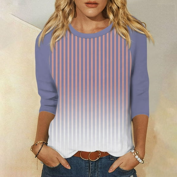 CLOISE Tops for Women Fall Trendy Striped Tops Scoop Neck 3/4 Sleeve Shirts Loose Colorblock Basic Blouses Y2k Outfits Pink XL