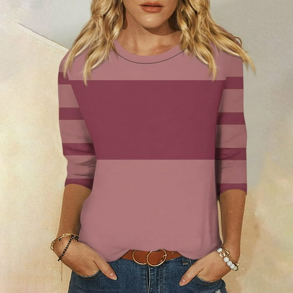 CLOISE Tops for Women Fall Trendy Striped Tops Scoop Neck 3/4 Sleeve Shirts Loose Colorblock Basic Blouses Y2k Outfits Purple XL
