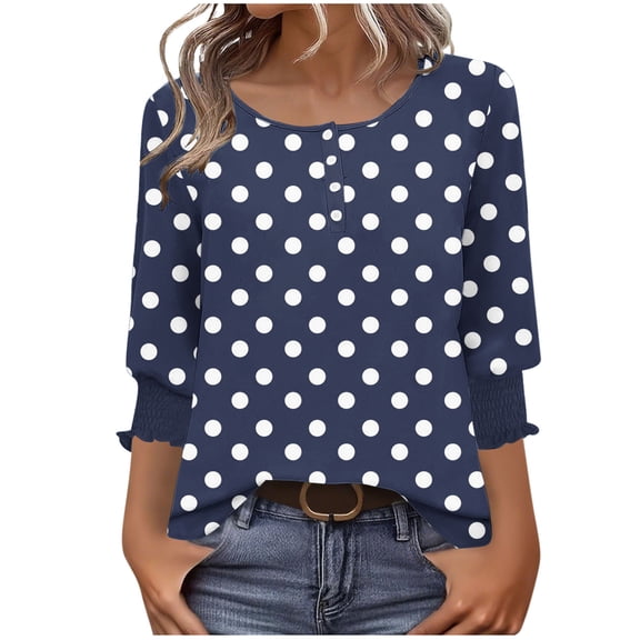 CLOISE Tops for Women Crew Neck Shirt Button Graphic Long Sleeve Pullover Cute Vacation Clothes Navy S