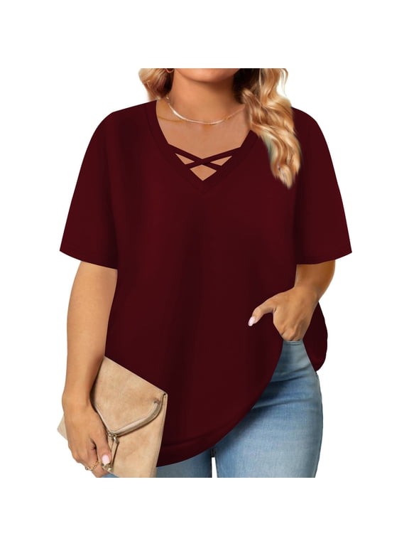 Tops for Women Short Sleeve Plus Size Shirts V Neck Casual Pullover Solid Color Summer Blouses Wine