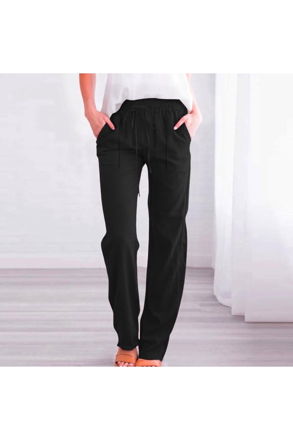 Trouser Pants for Women Drawstring Elastic Waist Cotton Linen Solid Summer Pants with Pockets