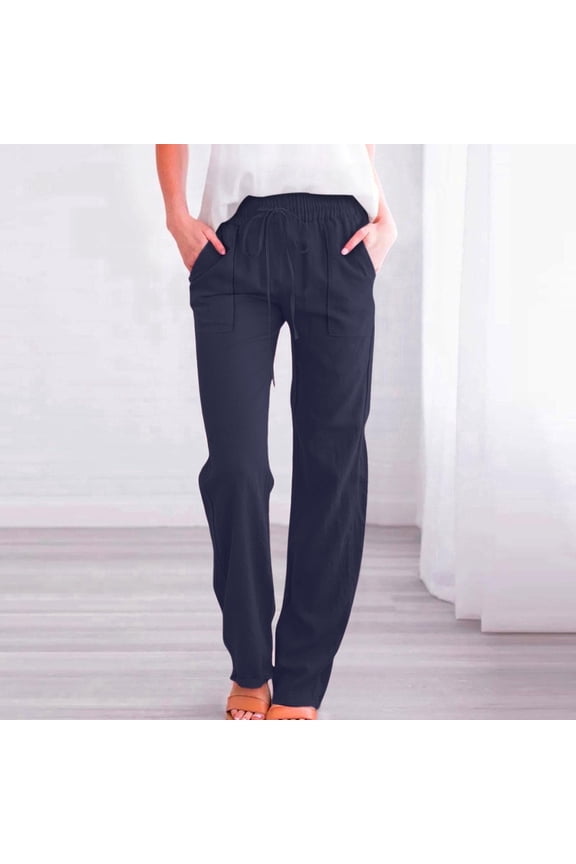 Trouser Pants for Women Petite Drawstring Elastic Waist Cotton Linen Solid Summer Pants with Pockets