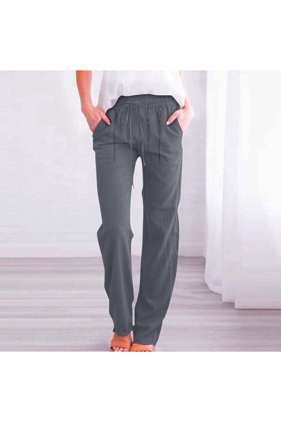 Trouser Pants for Women Petite Drawstring Elastic Waist Cotton Linen Solid Summer Pants with Pockets