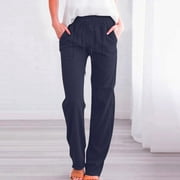 CLOISE Trouser Pants for Women Petite Drawstring Elastic Waist Cotton Linen Solid Summer Pants with Pockets