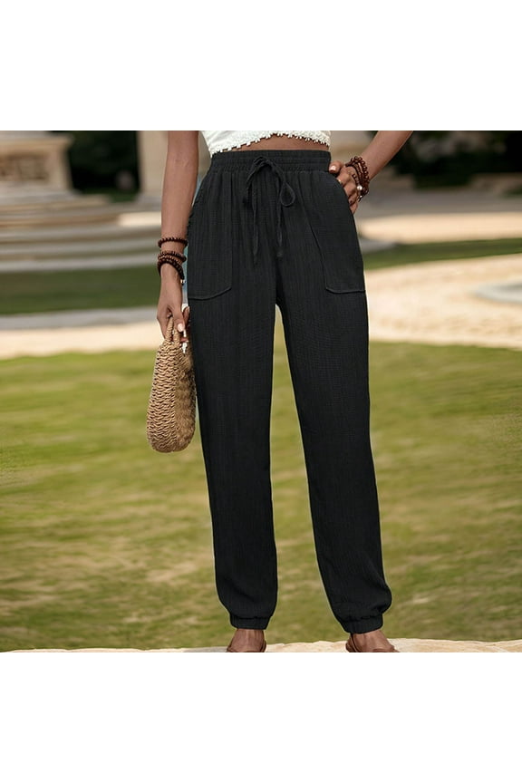 Trousers Pants Woman Petite Pull On Pants High Waisted Stretchy Pants Drawstring Elastic Waist Lounge Trousers Lightweight Soft Pants Casual Fashion Trousers Black