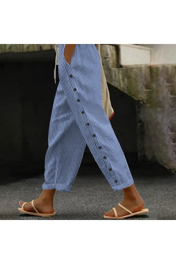 Trousers Pants Woman With Pockets Cotton Linen Pants Petite Soft Drawstring Elastic Waist Lounge Pants Mid Rise Pants Lightweight Pull On Trousers Casual Summer Striped Pants Blue