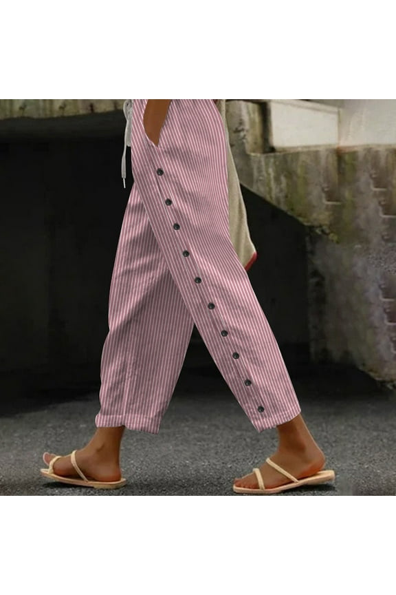 Trousers Pants Woman With Pockets Cotton Linen Pants Petite Soft Drawstring Elastic Waist Lounge Pants Mid Rise Pants Lightweight Pull On Trousers Casual Summer Striped Pants Pink