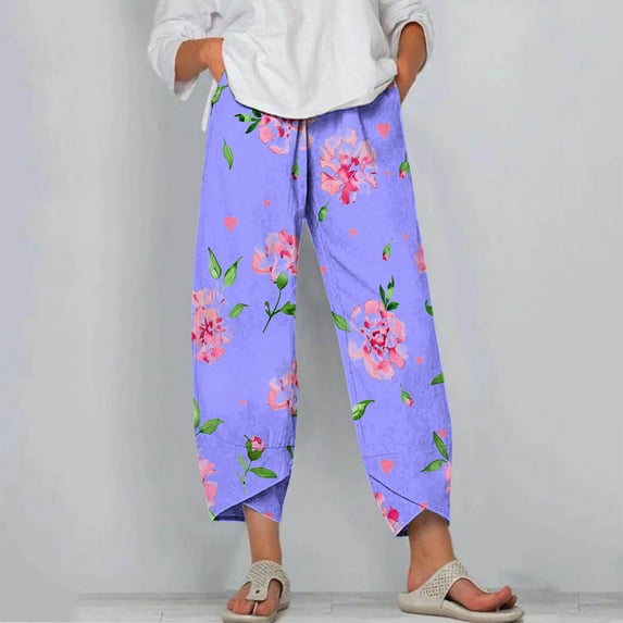 CLOISE Trousers Pants Woman Pull On High Waisted Pants Straight Leg Stretch Active Pants Elastic Waist Lounge Casual Loose Running Athletic Pants Floral Print Trousers Fashion Purple