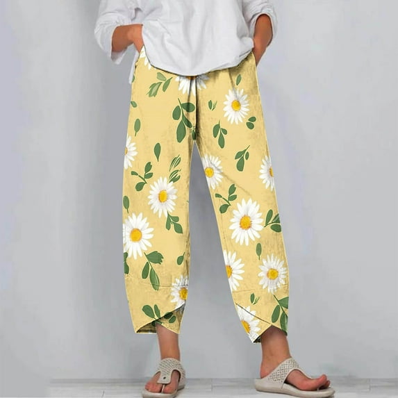 CLOISE Trousers Pants Woman Pull On High Waisted Pants Straight Leg Stretch Active Pants Elastic Waist Lounge Casual Loose Running Athletic Pants Floral Print Trousers Fashion Yellow