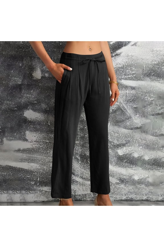 Trousers for Women Cotton Linen Pants Mid Rise Straight Leg Pants Pull On Lounge Pants Drawstring Elastic Waist Pants Solid Comfy Pants Casual Fashion Black